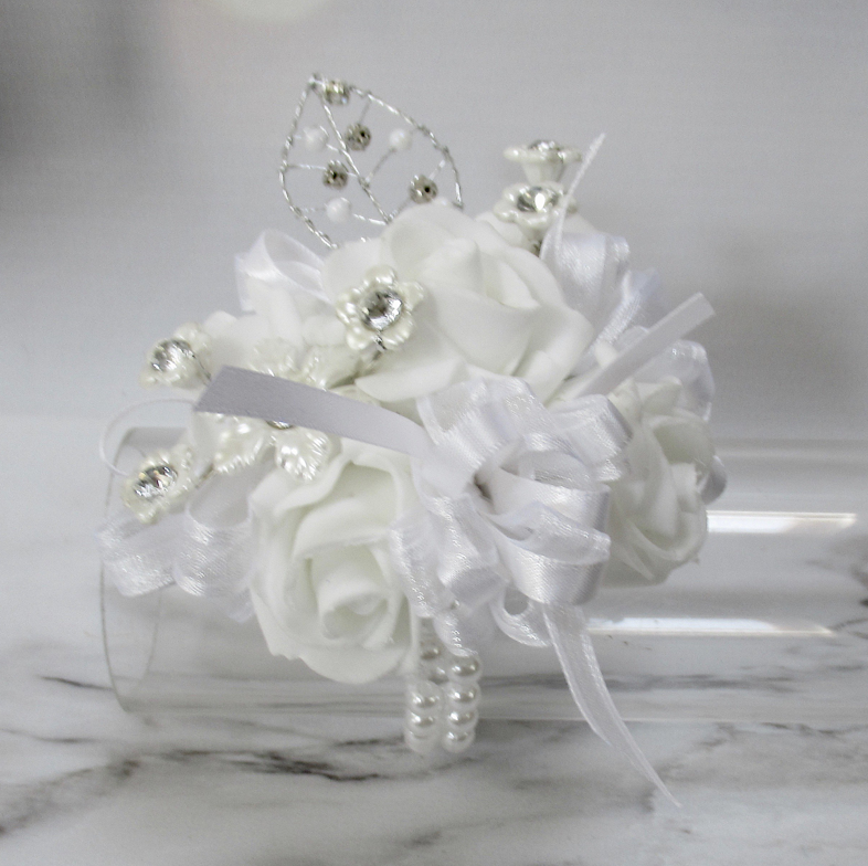 White & Silver Blingy Wrist Corsage. diamante prom corsage, white prom corsage